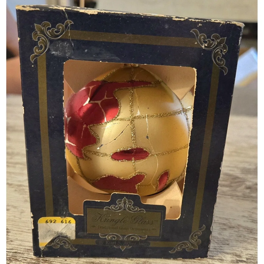 Kurt S Adler Kringle Glass Hand Blown Globe Ornament Red Gold Poland Vintage